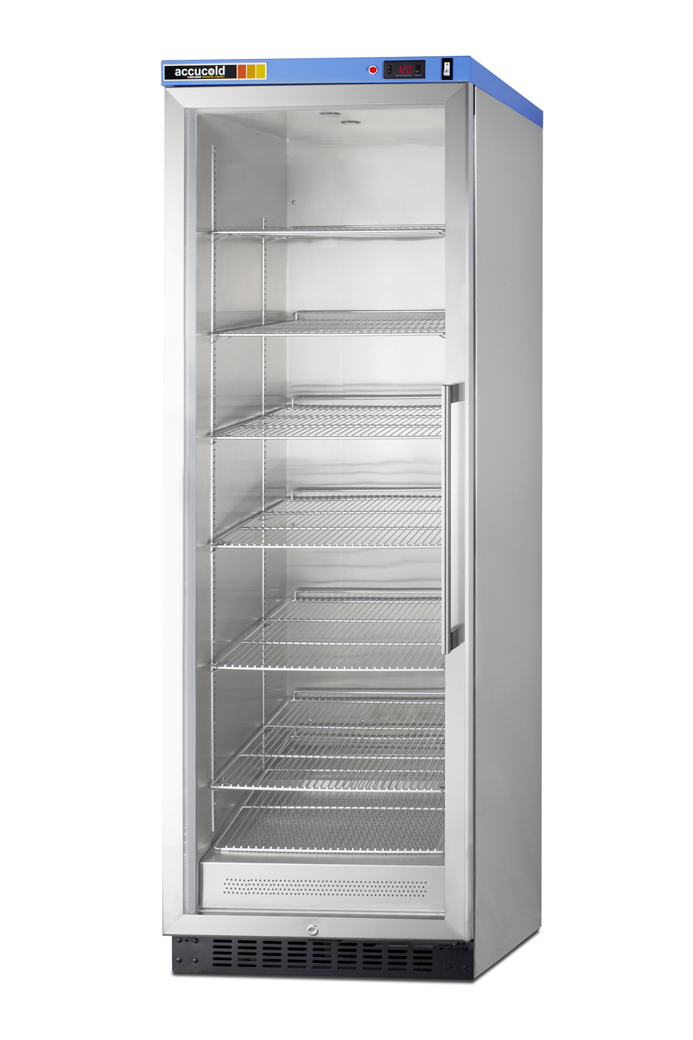 Single chamber passive heating blanket warmer with a self-closing glass door, stainless steel interior, digital thermostat, stainless steel cabinet, and lock